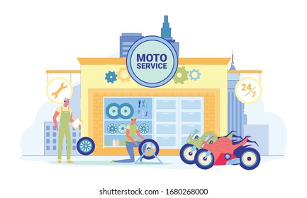 Service Stations for Motor Vehicles Flat Cartoon Vector Illustration. Repairman in Uniform Fixing Whell. Man Controlling Work, Holding Checklist Document. Moto Shop. Motorcycles on Street.