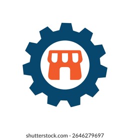 Service Store Icon Logo, Business Management, e-commerce online shop Growth, Development maintenance, Gear Cog with Store Icon.
