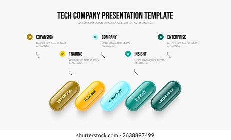 Service Strategy Slideshow Layout Vector Illustration. Market Showcase 5 Step Infographic Slide Template. Marketing Launch Five Element Diagram Presentation Design.