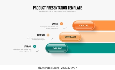Service Strategy Three Step Diagram Presentation Layout. Project Showcase 3 Element Infographic Slide Template. Business Report Frame Design Vector Illustration.