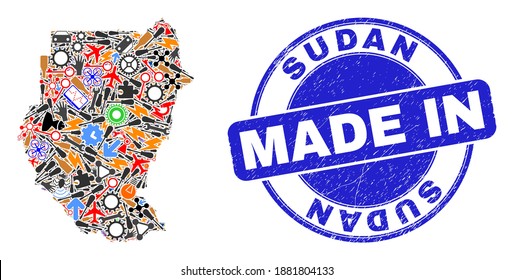 Service Sudan map mosaic and MADE IN textured stamp seal. Sudan map abstraction designed with spanners, gearwheels,screwdrivers,items,vehicles, electric sparks,rockets.