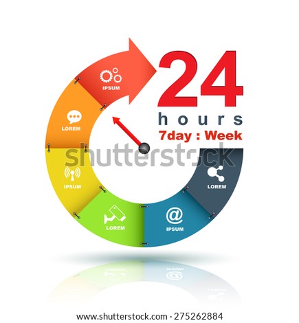 Service and support around the clock, 24 hours a day and 7 days a week symbol isolated on white background. Stylized blue icon