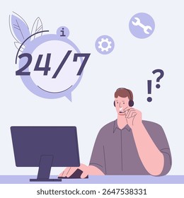 Service or support call center. Male character with headphones answer on consumer questions, digital or computer online helpline, vector scene