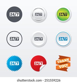 Service and support for customers. 24 hours a day and 7 days a week icon. Circle concept buttons. Metal edging. Star and label sticker. Vector