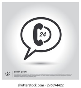 Service and support for customers. 24 hours a day and 7 days a week icon. Flat pictograph Icon design gray background. Vector illustration.