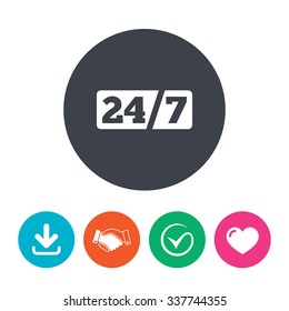 Service and support for customers. 24 hours a day and 7 days a week icon. Download arrow, handshake, tick and heart. Flat circle buttons.