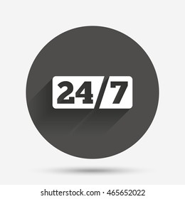 Service and support for customers. 24 hours a day and 7 days a week icon. Circle flat button with shadow. Vector
