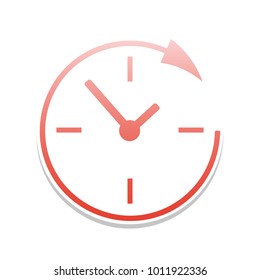 Service and support for customers around the clock and 24 hours. Vector. Reddish icon with white and gray shadow on white background. Isolated.