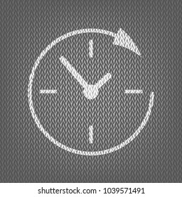 Service and support for customers around the clock and 24 hours. Vector. White knitted icon on gray knitted background. Isolated.