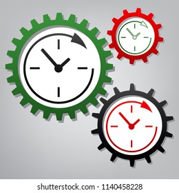 Service and support for customers around the clock and 24 hours. Vector. Three connected gears with icons at grayish background.