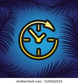 Service and support for customers around the clock and 24 hours. Vector. Golden icon with black contour at blue background with branches of palm trees.