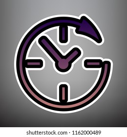 Service and support for customers around the clock and 24 hours. Vector. Violet gradient icon with black and white linear edges at gray background.