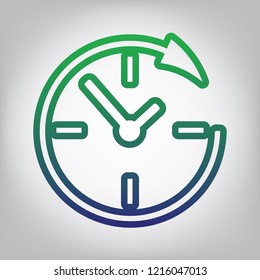 Service and support for customers around the clock and 24 hours. Vector. Green to blue gradient contour icon at grayish background with light in center.