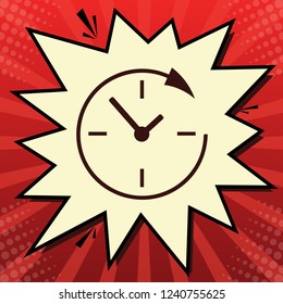 Service and support for customers around the clock and 24 hours. Vector. Dark red icon in lemon chiffon shutter bubble at red popart background with rays.