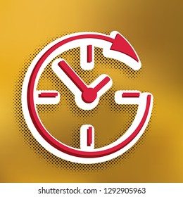 Service and support for customers around the clock and 24 hours. Vector. Magenta icon with darker shadow, white sticker and black popart shadow on golden background.