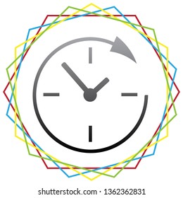 Service and support for customers around the clock and 24 hours. Vector. Black icon with patch of light inside colorful hexagonal frames at white background.