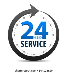 Service and support for customers around the clock and 24 hours a day icon or symbol isolated on white background. Vector