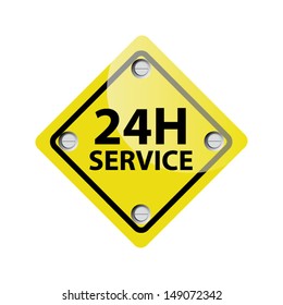 Service and support for customers around the clock and 24 hours a day and 7 days a week yellow sign on white background. Vector 