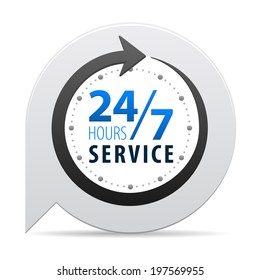 Service and support for customers around the clock or 24 hours a day and 7 days a week  icon or symbol on bubble isolated on white background. Vector illustration