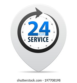 Service and support for customers around the clock or 24 hours a day and 7 days a week symbol on map pin icon isolated on white background. Vector illustration