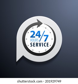 Service and support for customers around the clock or 24 hours a day and 7 days a week  icon or symbol on bubble isolated on white background. Vector illustration