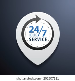 Service and support for customers around the clock or 24 hours a day and 7 days a week symbol on map pin icon isolated on white background. Vector illustration