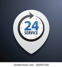 Service and support for customers around the clock or 24 hours a day and 7 days a week symbol on map pin icon isolated on white background. Vector illustration