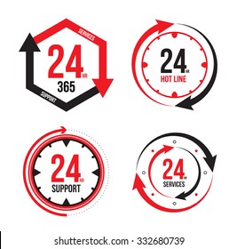 Servicio y soporte para clientes las 24 horas del día o icono de 24 horas aislado en fondo blanco. Ilustración del vector