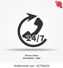 Service and support for customers around the clock and 24 hours a day and 7 days a week icon or symbol isolated on white background. Vector illustration