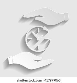 Service and support for customers around the clock and 24 hours. Save or protect symbol by hands. Paper style icon with shadow on gray.