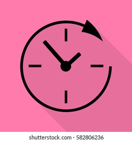 Service and support for customers around the clock and 24 hours. Black icon with flat style shadow path on pink background.