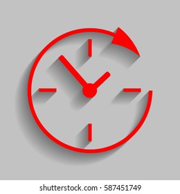 Service and support for customers around the clock and 24 hours. Vector. Red icon with soft shadow on gray background.