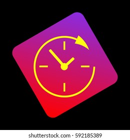 Service and support for customers around the clock and 24 hours. Vector. Yellow icon at violet-red gradient square with rounded corners rotated for dynamics on black background.