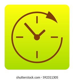 Service and support for customers around the clock and 24 hours. Vector. Brown icon at green-yellow gradient square with rounded corners on white background. Isolated.