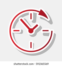 Service and support for customers around the clock and 24 hours. Vector. New year reddish icon with outside stroke and gray shadow on light gray background.