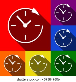 Service and support for customers around the clock and 24 hours. Vector. Set of icons with flat shadows at red, orange, yellow, green, blue and violet background.