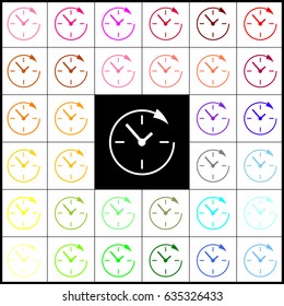 Service and support for customers around the clock and 24 hours. Vector. Felt-pen 33 colorful icons at white and black backgrounds. Colorfull.