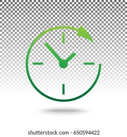 Service and support for customers around the clock and 24 hours. Vector. Green gradient icon with shadow at bottom on transparent and white background.