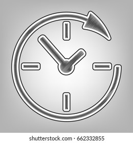 Service and support for customers around the clock and 24 hours. Vector. Pencil sketch imitation. Dark gray scribble icon with dark gray outer contour at gray background.