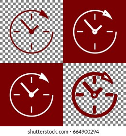 Service and support for customers around the clock and 24 hours. Vector. Bordo and white icons and line icons on chess board with transparent background.