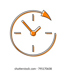 Service and support for customers around the clock and 24 hours. Vector. Black line icon with shifted flat orange filled icon on white background. Isolated.
