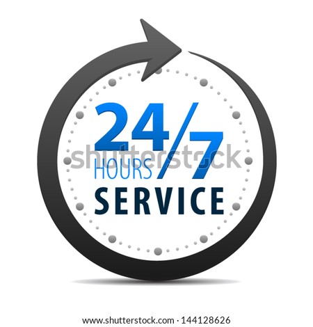 Service and support for customers around the clock and 24 hours a day and 7 days a week icon or symbol isolated on white background. Vector