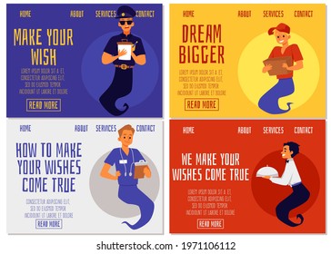 Service and support with genies helpers different professions. Cartoon assistants grants wishes. Set of landing pages template. Vector illustrations