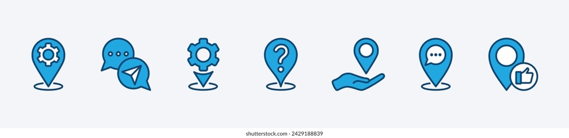 Service, support and help center location icon set. Map pin with gear, chat bubble, question mark, navigation, hand and thumb up. Vector illustration