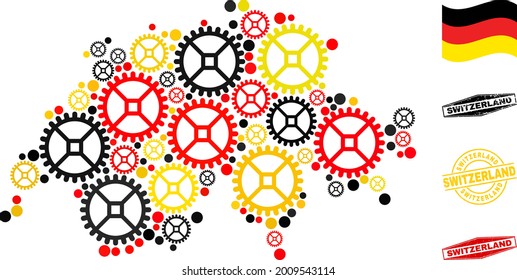 Service Switzerland map collage and seals. Vector collage is designed of service icons in variable sizes, and German flag official colors - red, yellow, black.