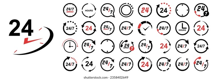 Service symbol with clock time arrow icons. Set of 24 hour assistance icons. 24 hour service open for support, delivery, marketing