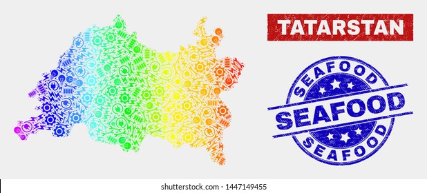 Service Tatarstan map and blue Seafood textured stamp. Spectral gradiented vector Tatarstan map mosaic of service units. Blue rounded Seafood imprint.