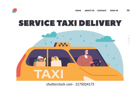 Service Taxi Delivery Landing Page Template. Driver Deliver Grocery by Taxi Car, Yellow Taxicab with Checker Oracle and Light Box on Roof Automobile Taxi Service, Logistic. Cartoon Vector Illustration