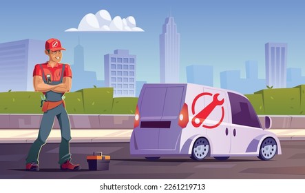Service technician ready for intervention.Service vehicle and the city in the background