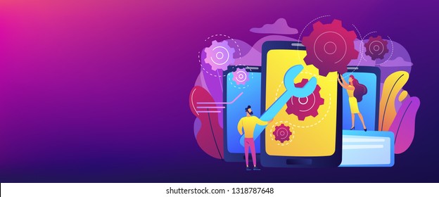 Service technicians with big wrench repairing smartphone screen with gears. Smartphone repair, cell phone service, same day repair concept. Header or footer banner template with copy space.